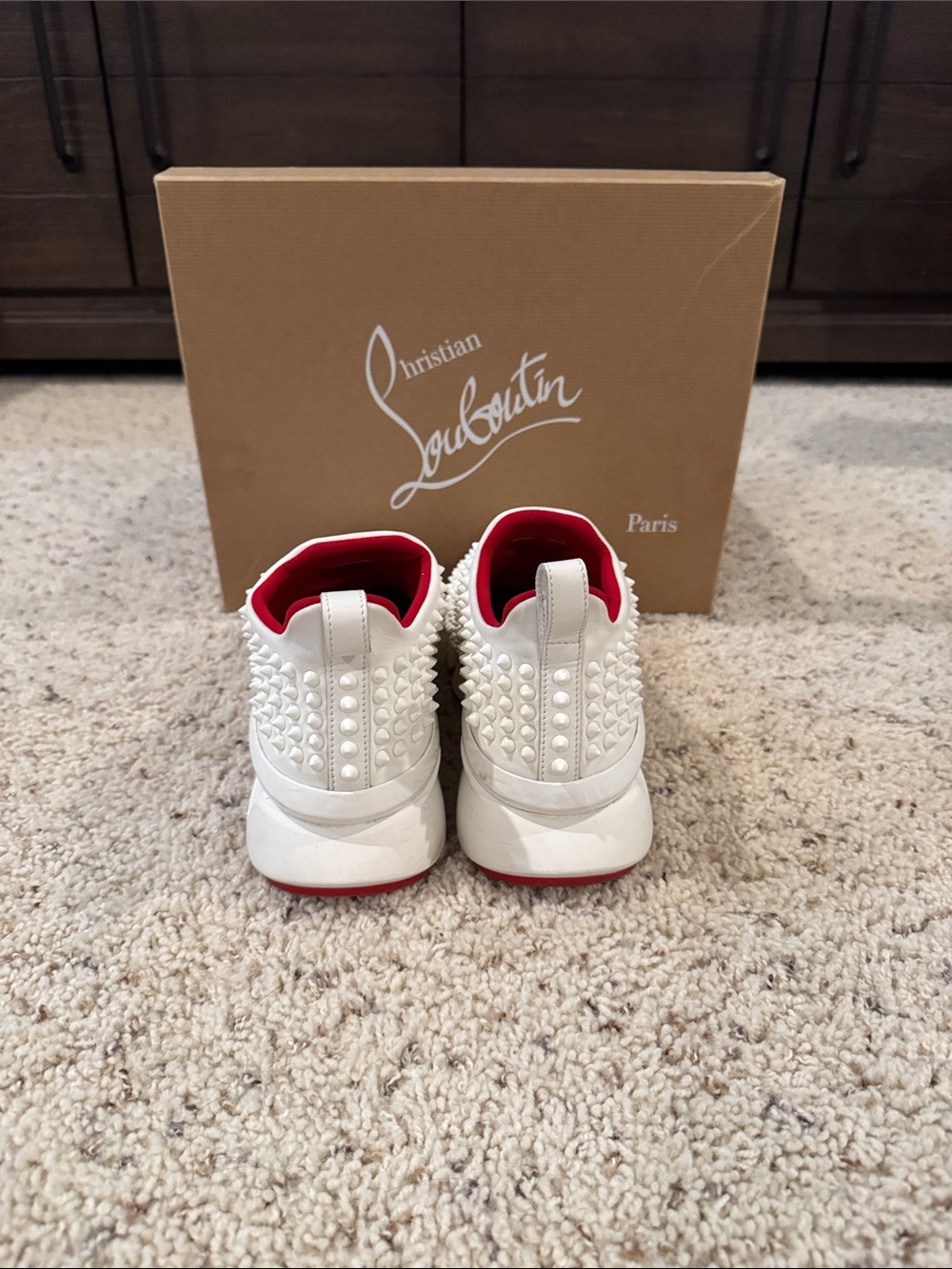 Christian Louboutin White Pearl-Stud Slip-On Sneakers with Red Accents - Picture 4 of 5
